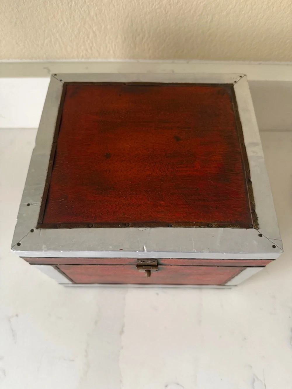 Vintage Handmade Wooden Box with Brass and Aluminum Trim.